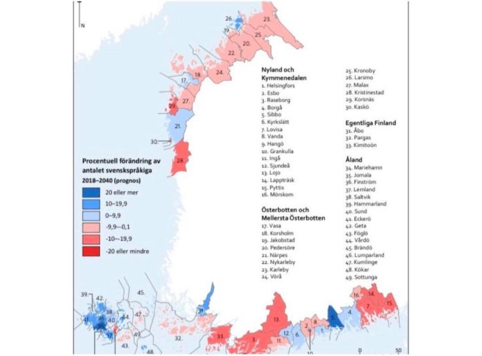 Prognos för utvecklingen av antalet svenskspråkiga under perioden 2018–2040 i det geografiska området Svenskfinland