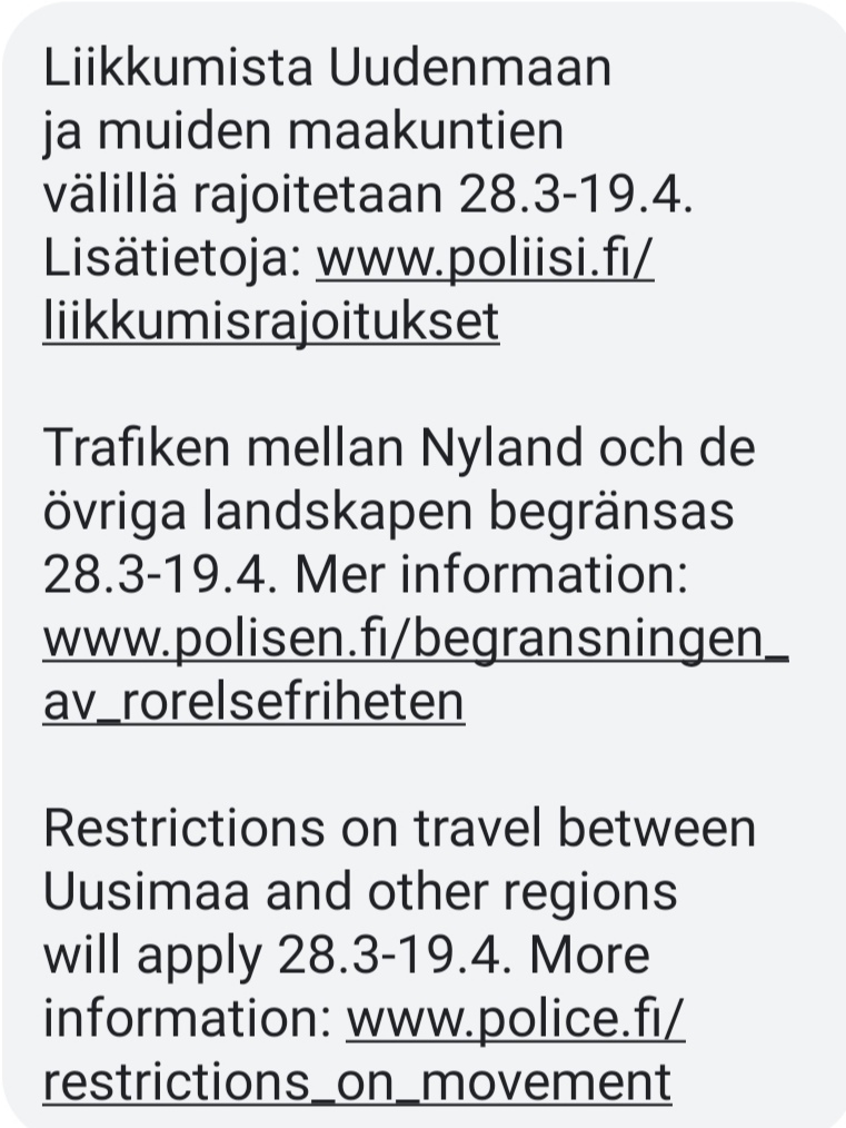 Detta textmeddelande nådde många finländare den 28 mars. Bild: Evelina Niskanen