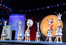 Cheerleader eller hejarklack? Finlands damlandslag tog VM guld, men faller fortfarande i skugga En bild på damlandslaget mitt i sin vinnande rutin.