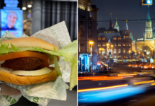 Hesburger stänger dörrarna till restaurangerna i Ryssland På bild Hesburgers vegeburgare och en bild på Moskva.