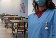 Lärarna och vårdarna eniga: ”Nu räcker det” En delad bild, på ena halvan tomma skolbänkar, på andra en bild på en vårdare.