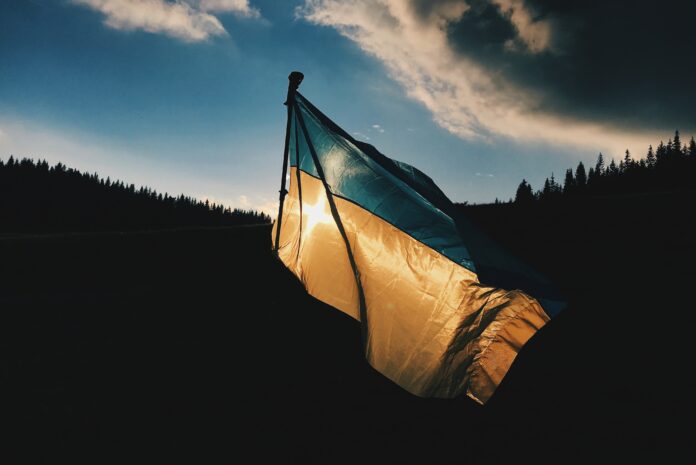 Bild på Ukrainas flagga i skuggan.