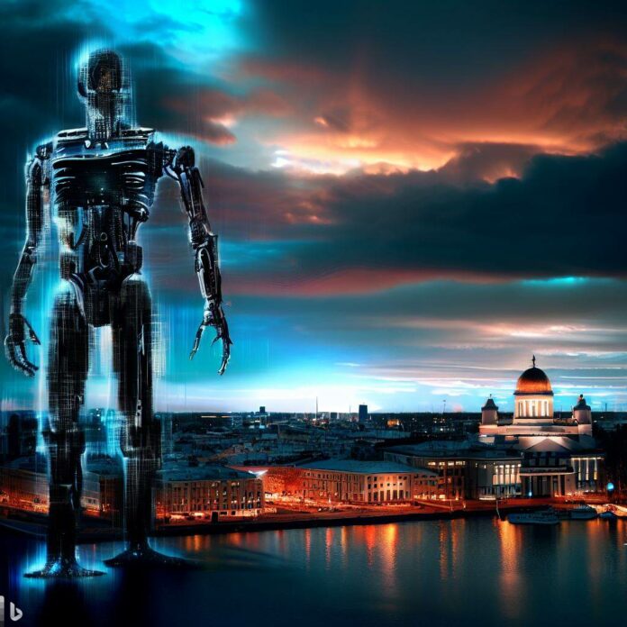Robot i förgrunden och en mörk himmel ovanför Helsingfors