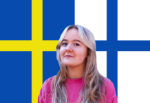 Finland är Sveriges elaka lillebror Svenska flaggan till vänster och skribenten Michelle Lindell Ojala. Finska flaggan till höger om skribenten
