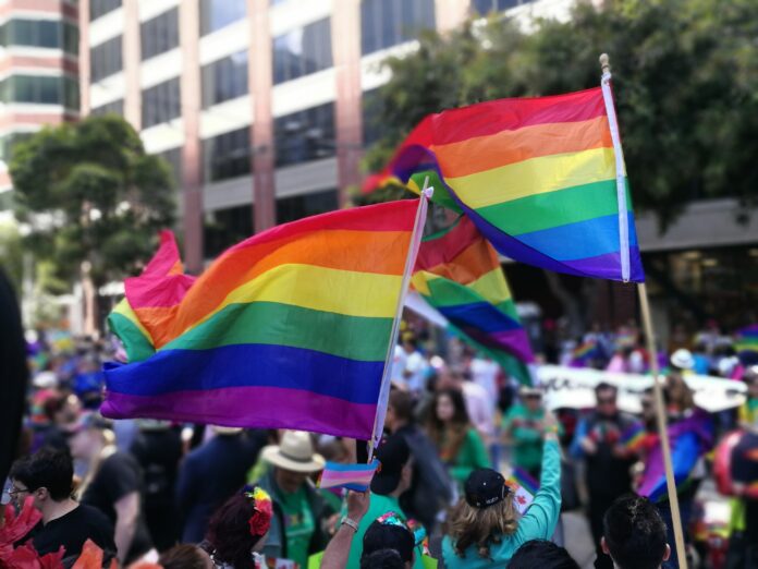 Två Pride regnbågsflaggor i en folkmassa
